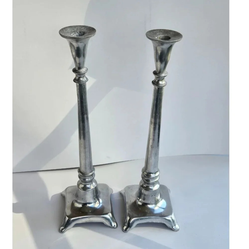 Pair of tall  vintage metal candlestick holders 16.5" Silver